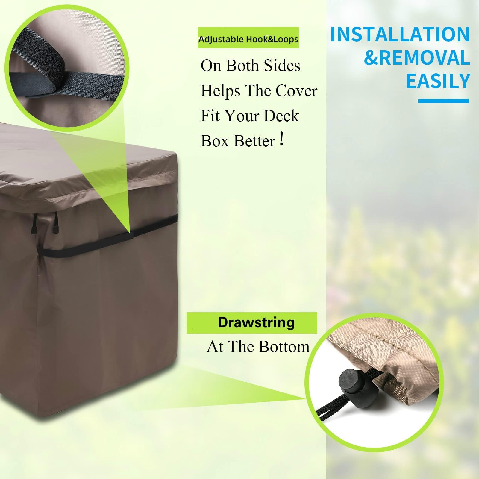 Abdeckung für Garten Auflagenbox, Schutzhülle der Kissenbox mit Reißverschlussdeckel und Entlüftung, Wasserdicht, 420D Oxford Braun (123 * 55 * 62cm)