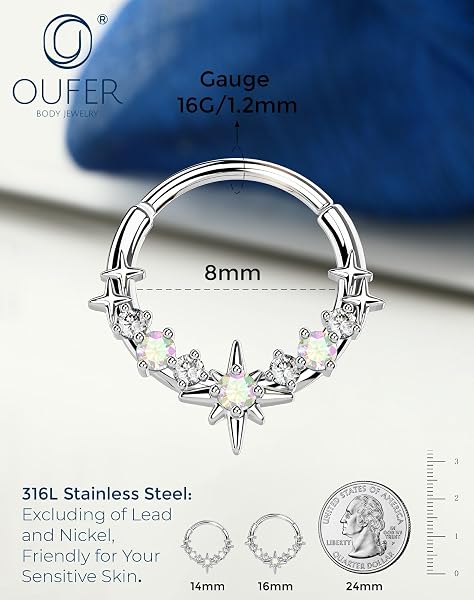 OUFER Body Piercing Spetum Ring: Boucle à segment articulé en acier inoxydable 16G étoile et pierre de zirconium cubique pour piercing lèvre labret cartilage hélix tragus daith et nez - 3