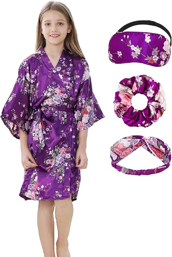MEIKLE Kids Floral Silky Robes for Girls Spa Party Bridal Party Wedding Flower Girl with Blindfold Hair Band and Headband