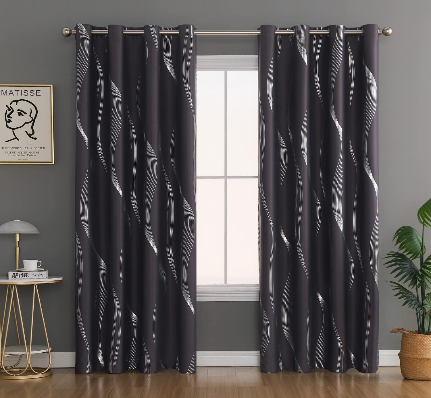 Dreaming Casa Grey Blackout Curtains 96 inches Long 2 Panels Set, Foil Silver