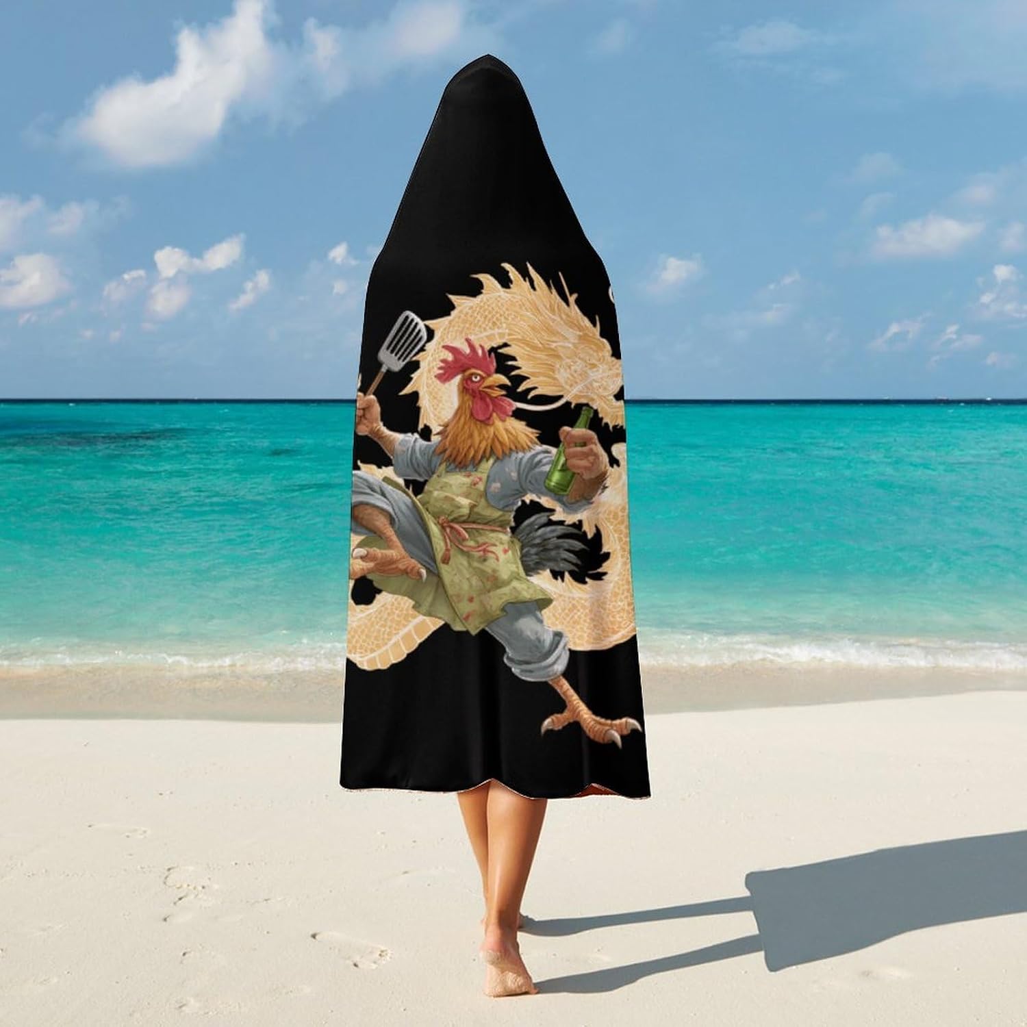 Chinese Kung Fu Rooster Beer Wearable Blanket Oversized Throw Cape | Cozy Hooded Blanket Gifts for Women Men