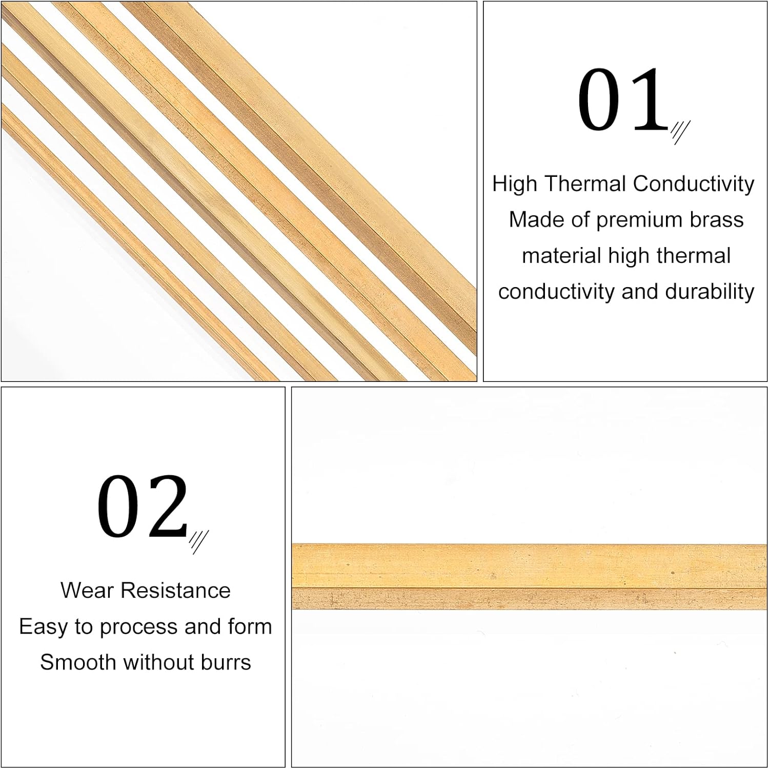 BENECREAT 5PCS Brass Square Bar Stock 8" Long Solid Square Rods Stock 1/3" 1/4" 1/5" 1/6" 1/8" for DIY Crafts, Framing and Home Decoration