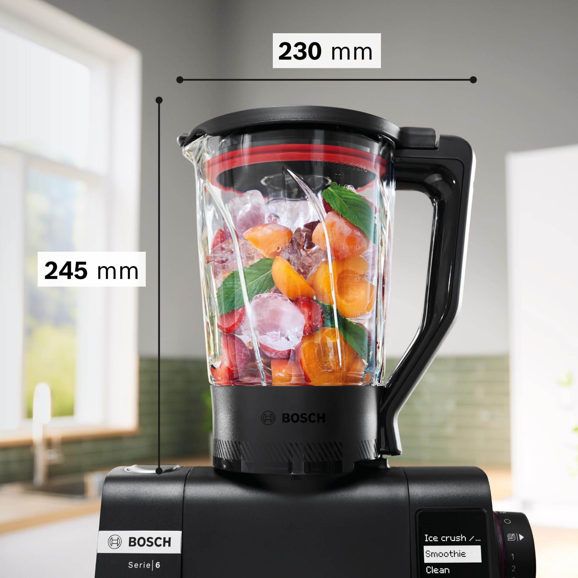 Bosch Mixer MUZS6MX, Zubehör passend für Küchenmaschine Serie 6, Smoothie Maker, Glas, 1,5l, hitzebeständig, kältebeständig, spülmaschinenfest, mit Stopfer