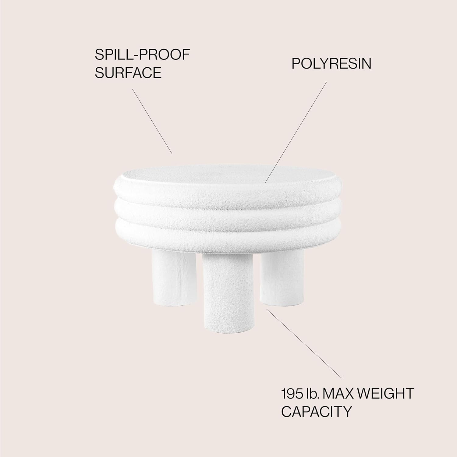 JONATHAN Y Rashida 13.5" White Frosted Modern Round Polyresin Indoor Outdoor Accent Coffee Table, Weather Resistant Low Table with Chunky Ribbed Stacked Ring Design and Tripod Pillar Base TBL1105B