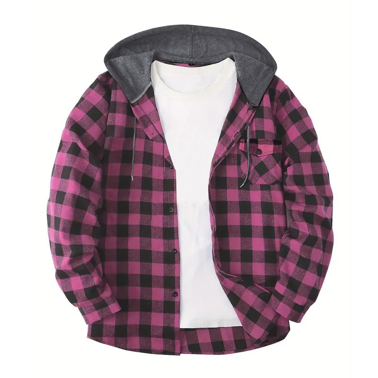 Shirts for Men Long Sleeve Fashion Casual Button Down Plaid Shirt Drawstring Hooded Jackets Lightweight Shacket 2026 — view 14