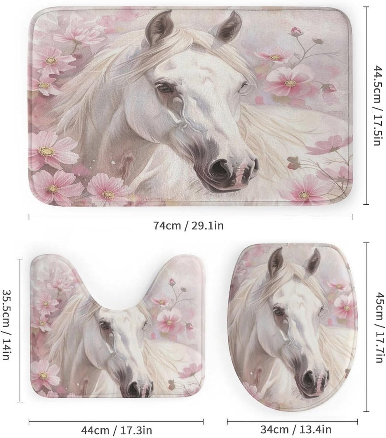 4Pcs Watercolor Floral Horse Shower Curtain Set with Toilet Lid Cover U-Shaped Mat and Non-Slip Rugs, Elegant Animal Stallion Wildflower Shower Curtain Bathroom Decor Set, 72" x 72"