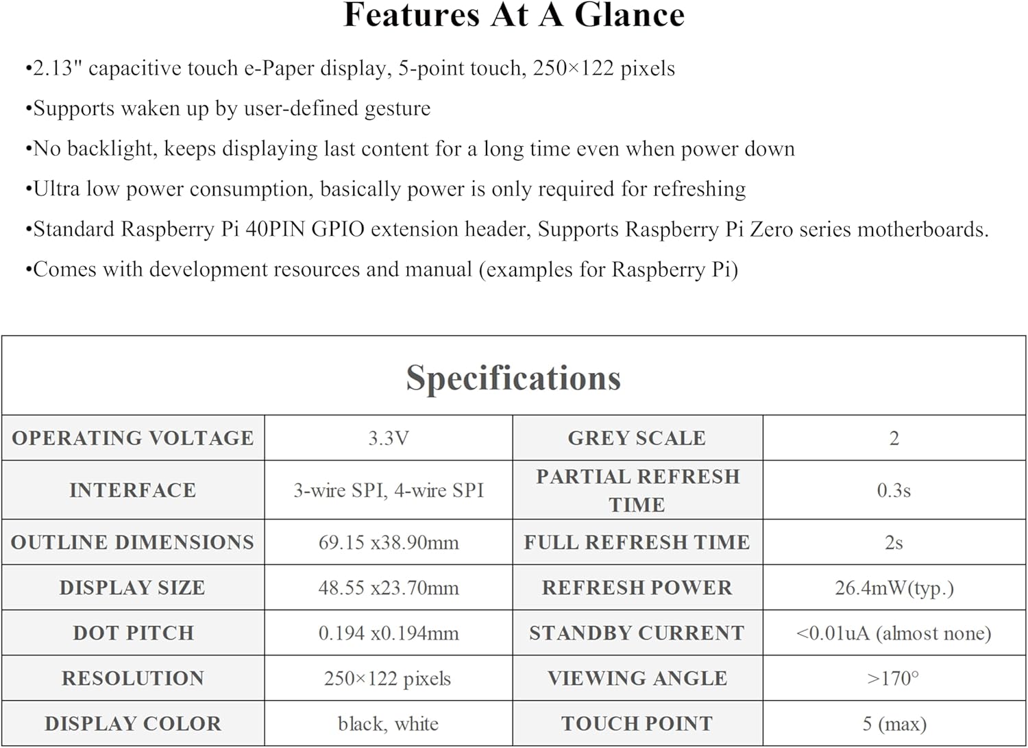 2.13inch Touch e-Paper Display with ABS Case for Raspberry Pi Zero 2 W/Raspberry Pi Zero/Pi Zero W/Pi Zero WH, 250x122 Pixels E-Ink, Paper-Like Effect Support Partial Refresh