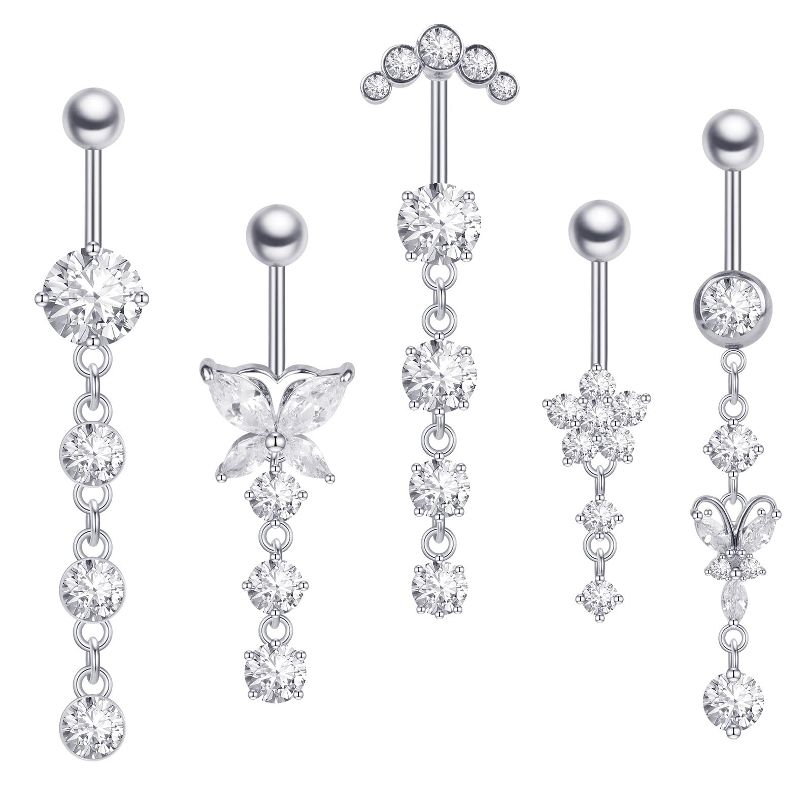 LHOEST 5 Stück Bauchnabelpiercing Set aus Chirurgenstahl Silber  Belly Piercing Bauchnabel Banane Edelstahl 12mm Stablänge mit Schmetterling  Blume & Rund Hängend Bauchpiercing