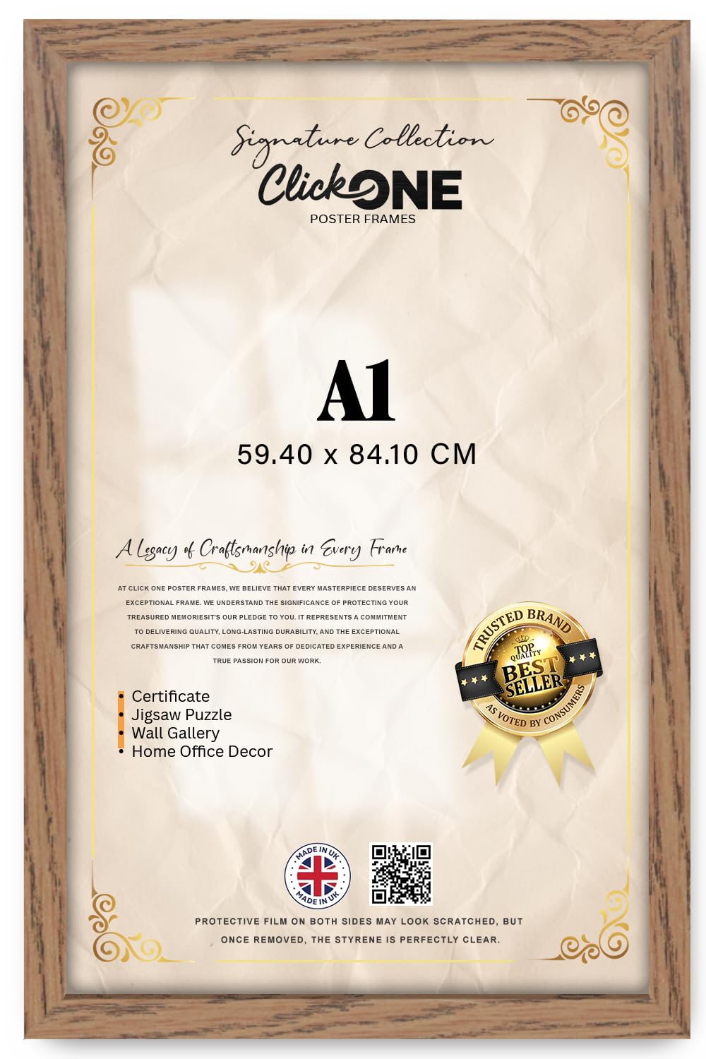 Click One | Contemporary A1 (59.40 X 84.10 CM) Frame With Clear Acrylic Front For Vertical Or Horizontal Display Of Paintings And Photos — Ideal For Living Space, 33 X 23 Inch Dark Oak Profile