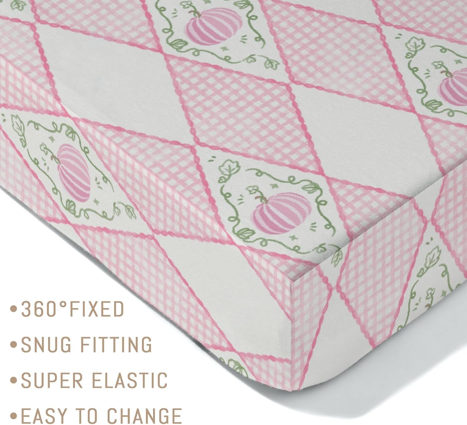 Fall Pink Pumpkins Bows Gingham Baby Crib Sheets for Boy Girl Autumn Thanksgiving Harvest Soft Snug Fitted Crib Mattress Covers for 52''x28'' Standard Crib & Toddler Mattress Halloween Bed Sheets