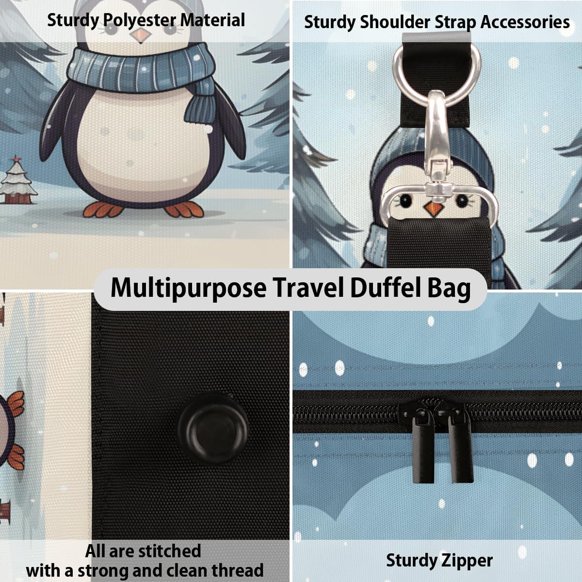 Winter Penguin Snow Tree House Travel Duffel Bag for Women Men Large Capacity Overnight Weekender Bags for Lightweight Waterproof Sport Gym Bag for Workout Yoga Swim