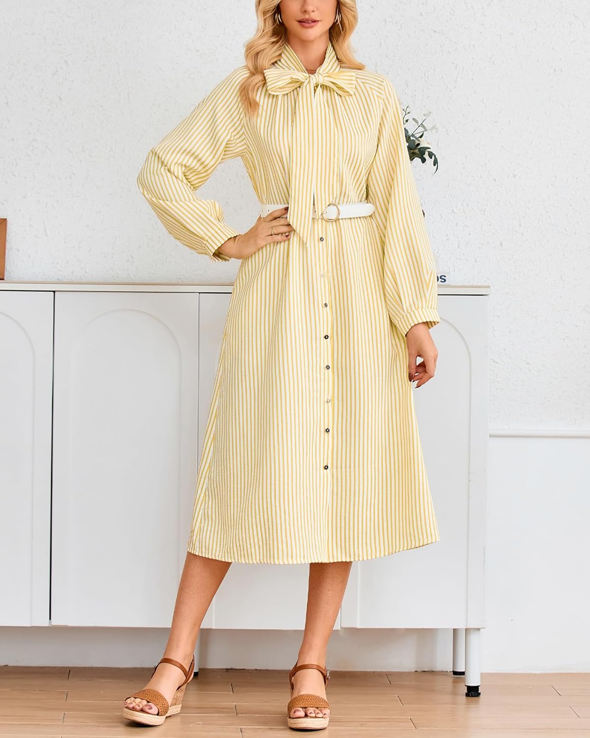 Women's Striped Shirt Dress Casual Bow Tie Neck Button Down Long Sleeve Midi Dress with Pockets - Image 3