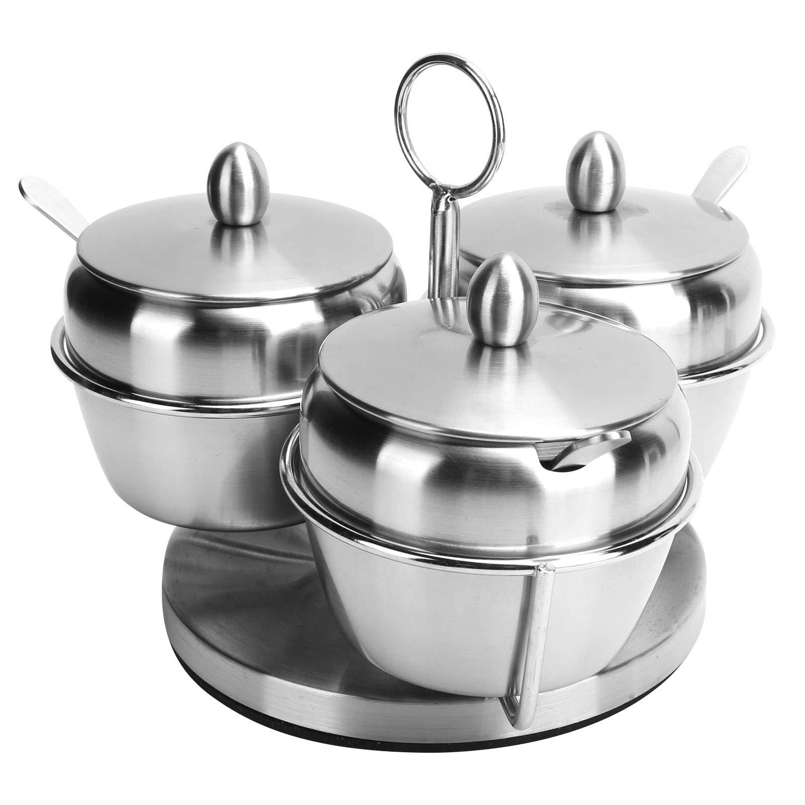 Juego de Ollas para Condimentos de Acero Inoxidable 304, Recipiente para Almacenamiento de Azúcar y Sal de Grado Alimenticio, Recipiente para Condimentos con Estante Giratorio y Cuchara,