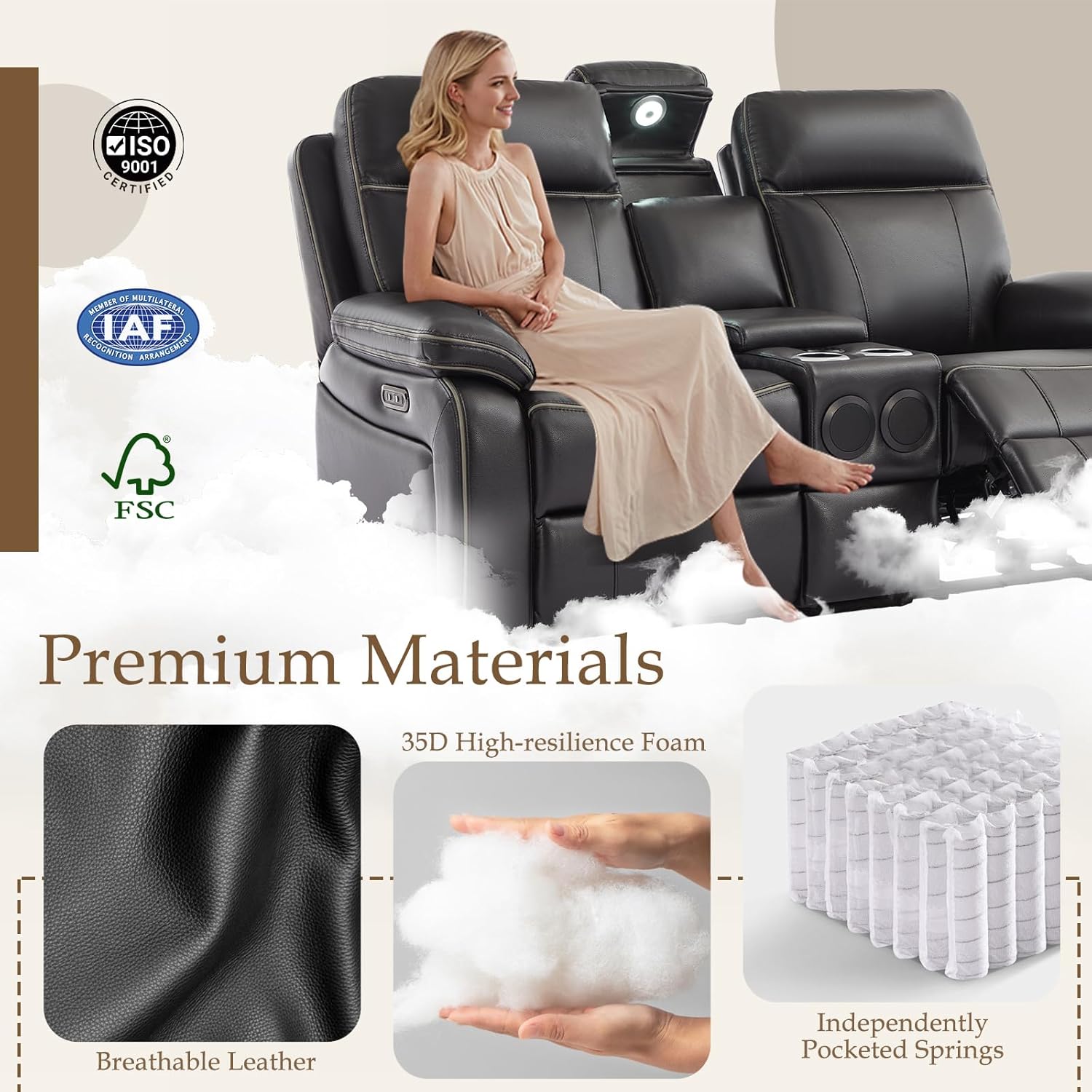 Power Reclining Loveseat with LED Reading Light/Bluetooth Speakers, Home Theater Seating Reclining Loveseeat with Console/Storage Drawer/Outlets, Power Loveseat Recliner Sofa (Black, Loveseat)