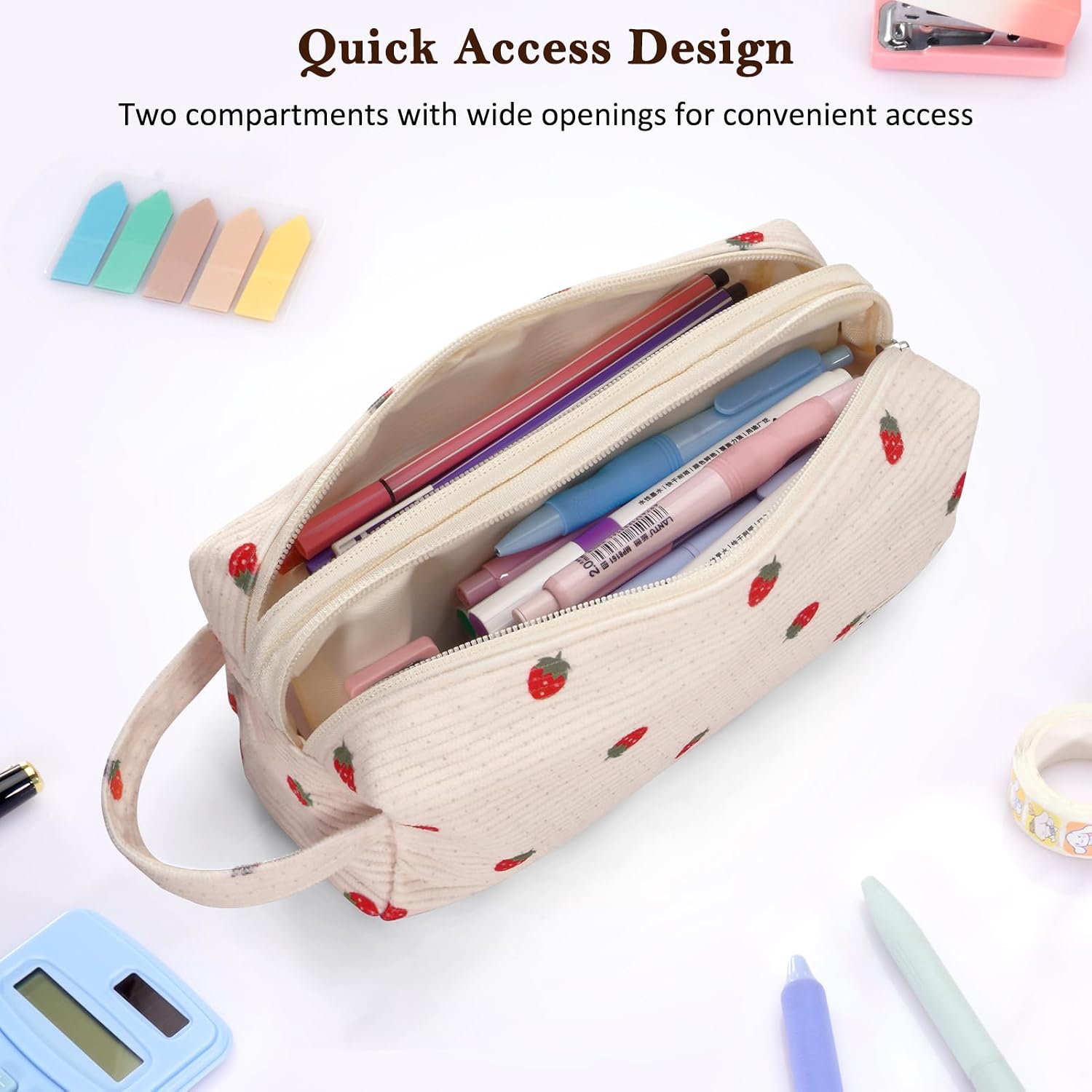 FINPAC Pencil Case, Corduroy Makeup Bag for Women, Kawaii Pen Pouch Holder, Large Storage Box Organizer for Study, Office, or Travel (Strawberry)