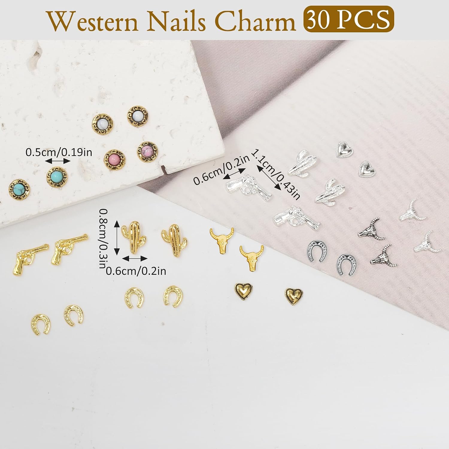 30 PCS Western Nail Charms - 3D Vintage Cowboy Cowgirl Nail Charms, Turquoise, Gold, Silver, Pink, Blue Retro Metal Gem Western Art Stickers Accessories for DIY