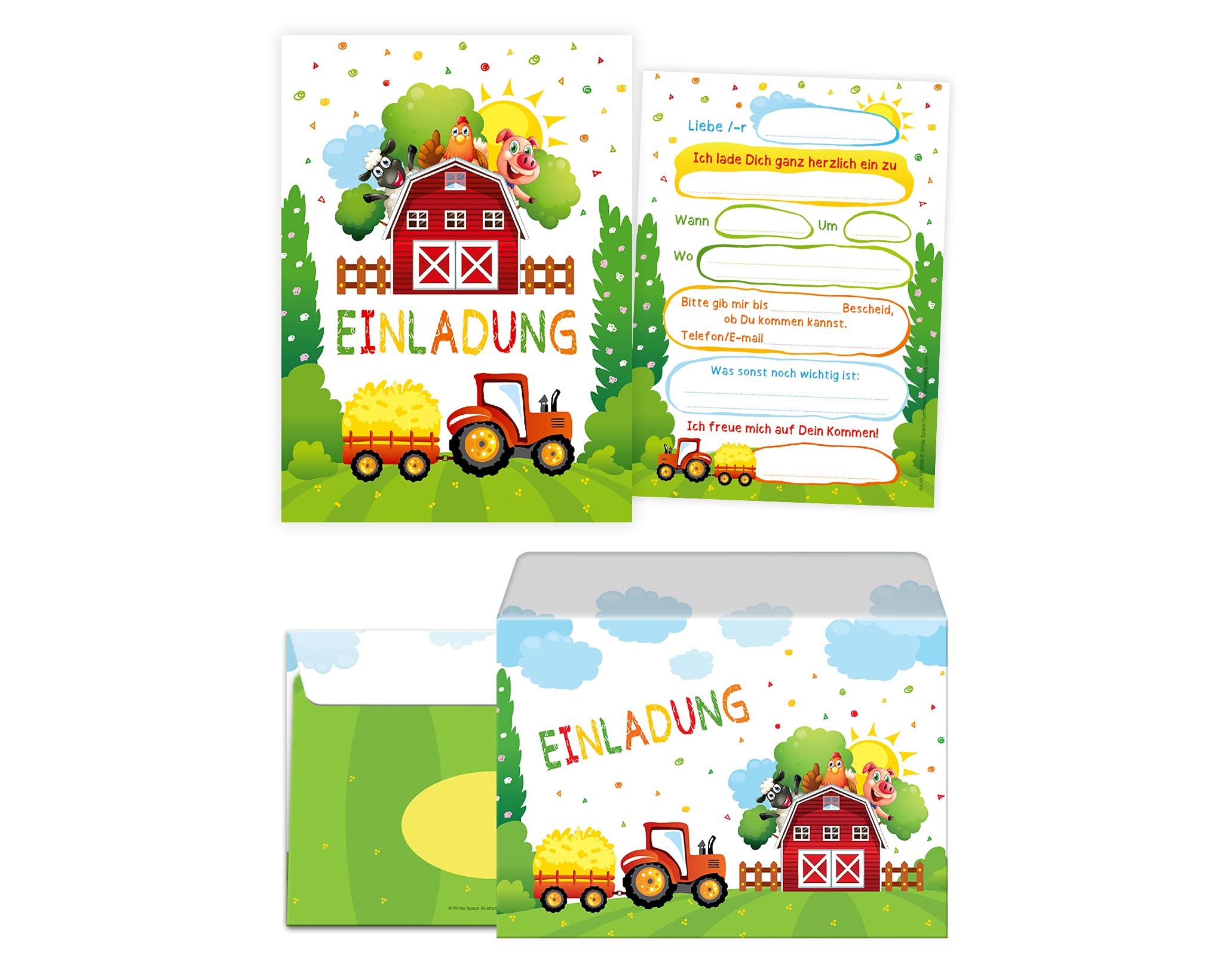 Junaversum 12 Einladungskarten incl. 12 Umschläge zum Kindergeburtstag Mädchen Jungen Bauernhof Outdoor-Party