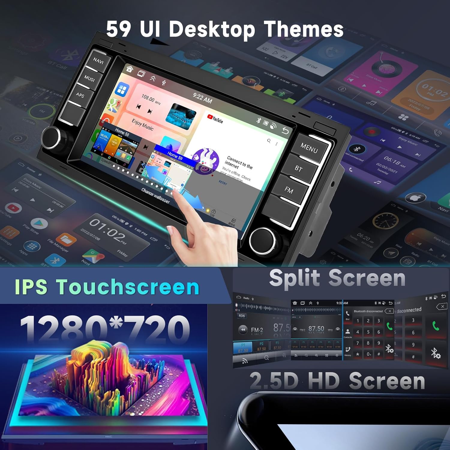 Bluetooth calling and music, FM/RDS radio, and 32-band DSP equalizer