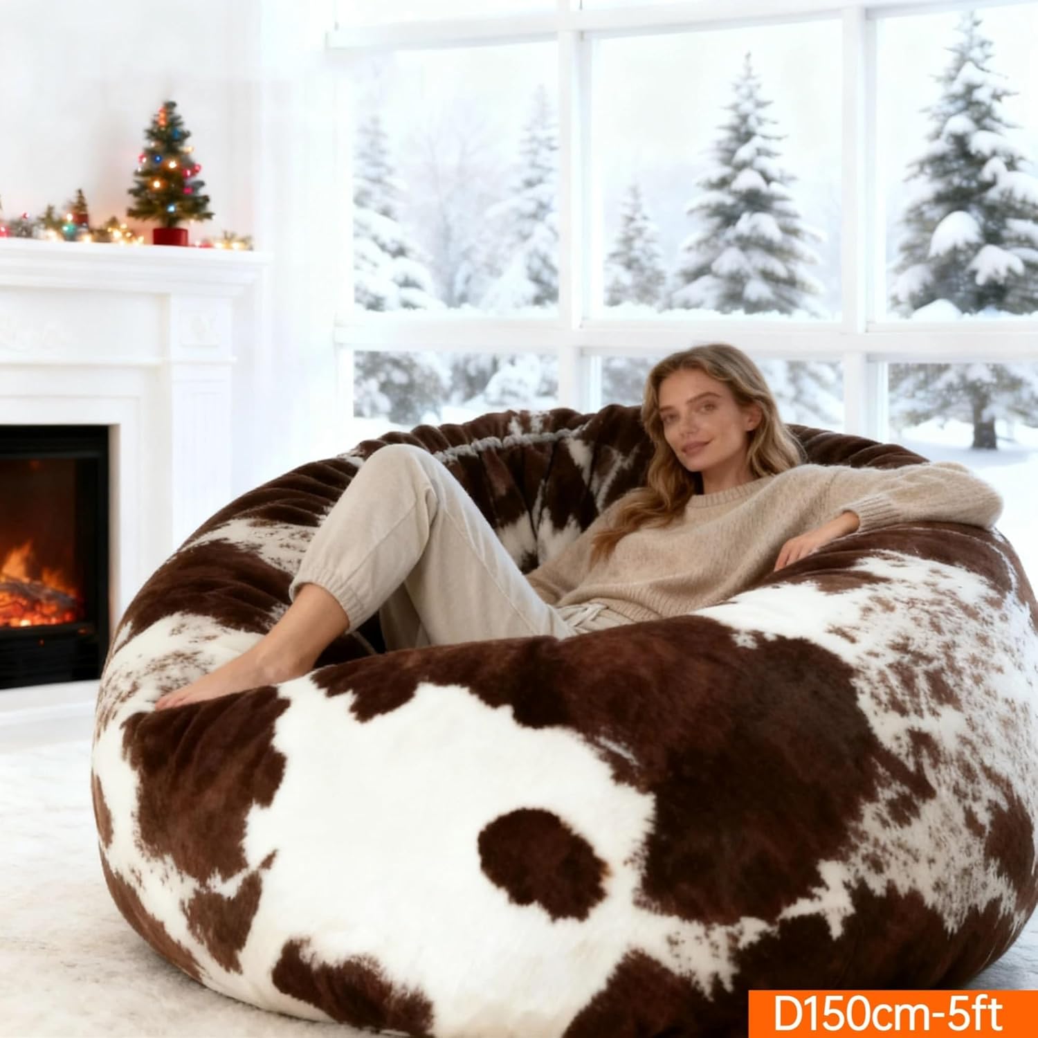 4/5ft Bean Bag Chair Winter Faux Fur Bean Bag Cover Without Filler Giant Bean Bag Chair for Adults and Kids Pouf Ottoman Bed Large Comfy Cozy Beanbag Floor Sofa(Snow Leopard,5ft-D150xH65cm-cover)