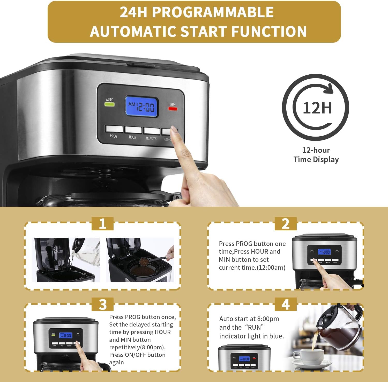 Gevi Coffee Maker, 12-Cup Programmable Drip Coffee Machine with Reusable Filter, Keep-Warm Function and Auto Shut-off