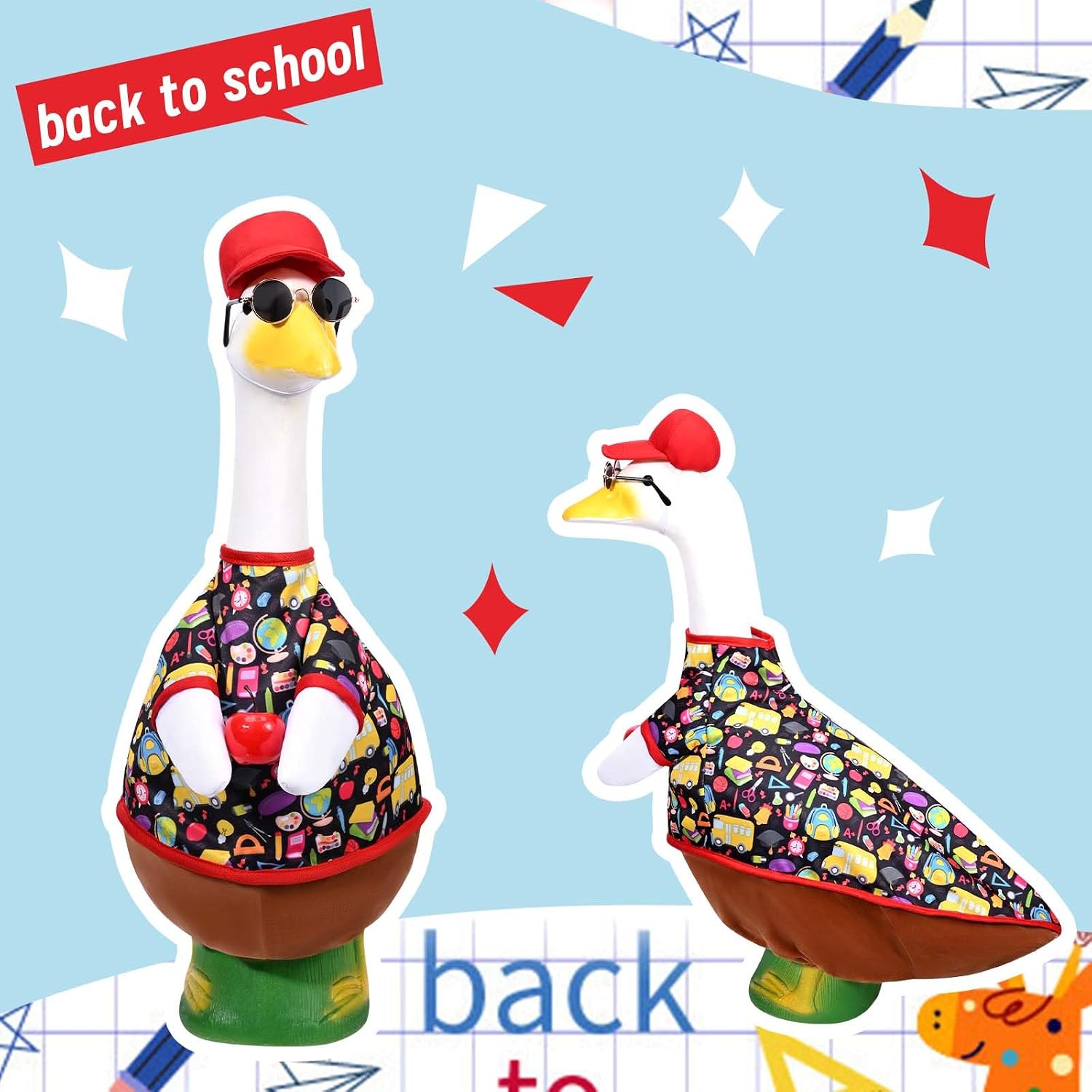 Back to School Porch Goose Outfits, 23" Cement Goose Statue Clothes with Red Hat, Sunglasses & Apple, Patio Goose Decor, Lawn Goose Outfit