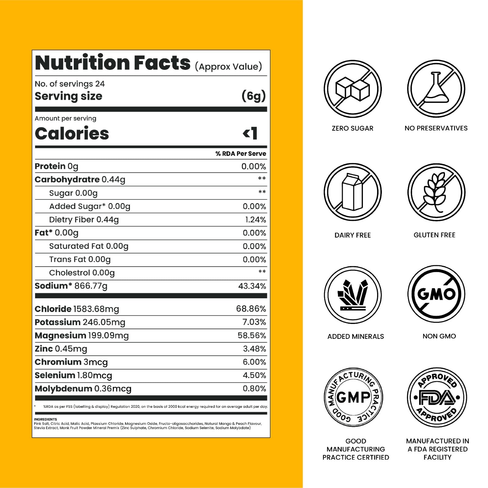 Mango Peach Electrolyte Hydration Powder| Zero Sugar Hydration Powder | 1200 Plus Mg Electrolytes | with Himalayan Pink Salt and Organic Stevia | Pack of 24 — Amazon image 6