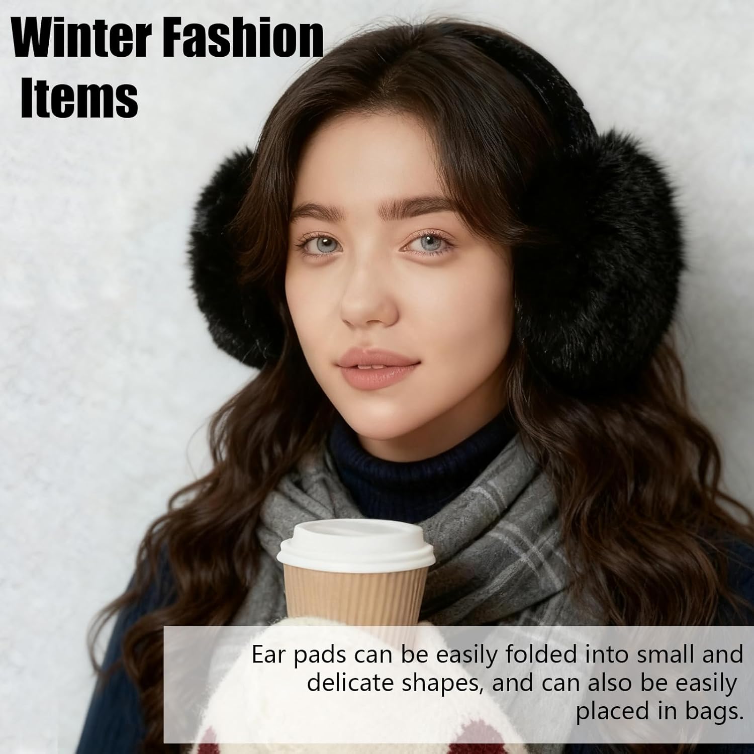 2 Pcs Earmuffs, Foldable Winter Warm Korean Style Ear Muffs for Women Men, Cute Faux Fur Thick Plush Ear Warmers for Cold Weather Outdoor Student Black White - Image 5