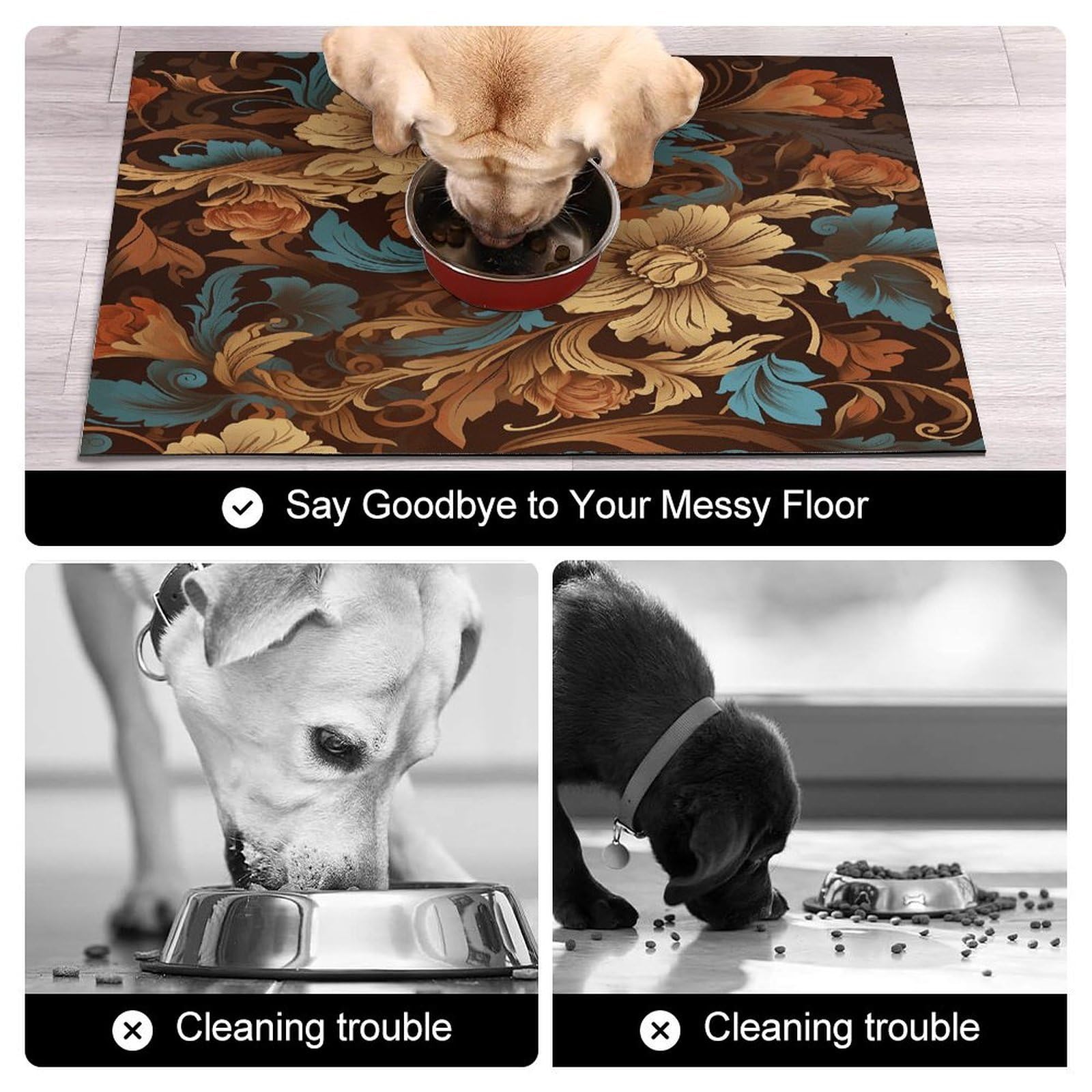 Lot de tapis de nourriture pour chat avec motif floral - Tapis d'alimentation antidérapant pour chien - Facile à nettoyer pour la nourriture et l'eau - 61 x 81,3 cm