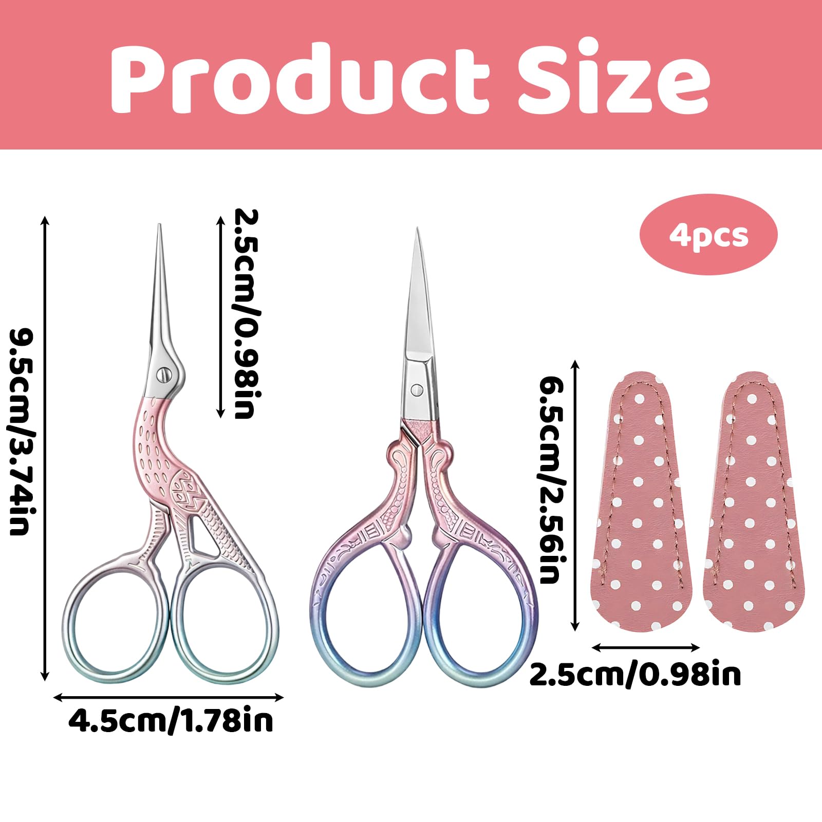 2 Stück Handarbeitsschere, Stickschere Klein Scharf, Fadenschere, Edelstahl Storch Nähschere, Edelstahl Handwerk Schere, für Stickerei, Handarbeiten, Nähen, Basteln mit PU Schere Abdeckung Rosa