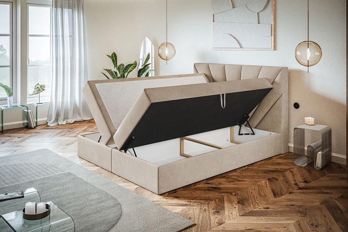 Boxspringbett 180x200, Velourstoff, Dunkelblau, Bonell-Matratze