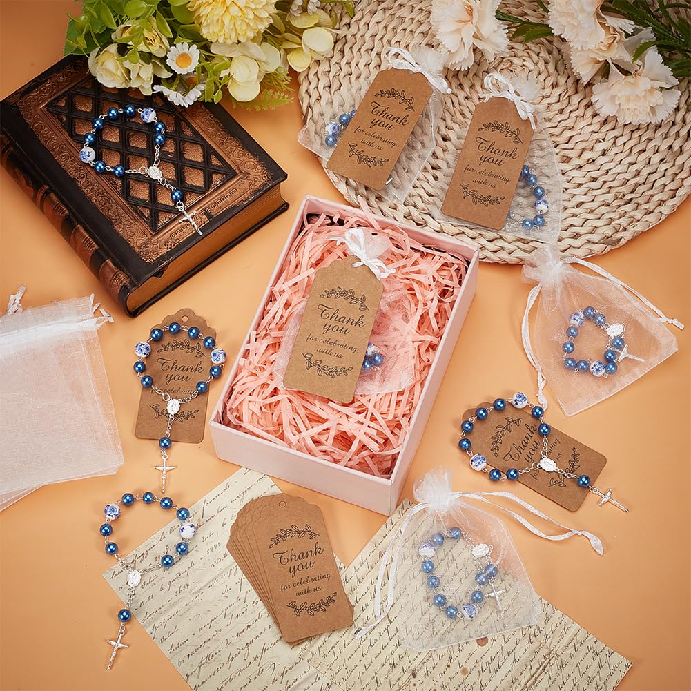 Ensemble de 50 pièce pour Cadeaux de Baptême Mini Chapelets de Baptême Perles de Chapelet pour les Doigts avec 50 sachet Cadeau en Organza et une Carte de Remerciement en Papier(Bleu)