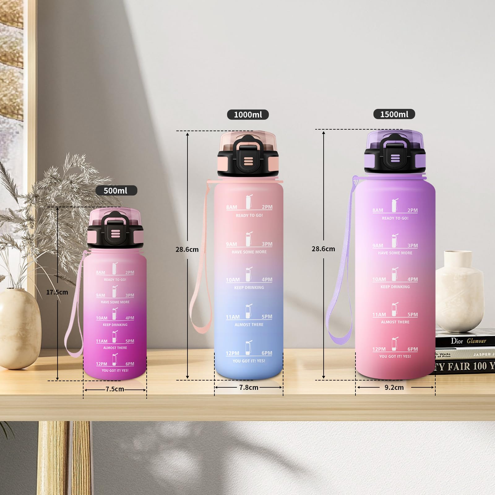 Borraccia 1L, Bottiglia Sportiva con Cannuccia, a Prova di Perdite, Bottiglia Acqua Sportiva con Indicatore del Tempo, Motivazionale Borraccia per Yoga, Escursionismo, Campeggio, Ciclismo, Lavoro