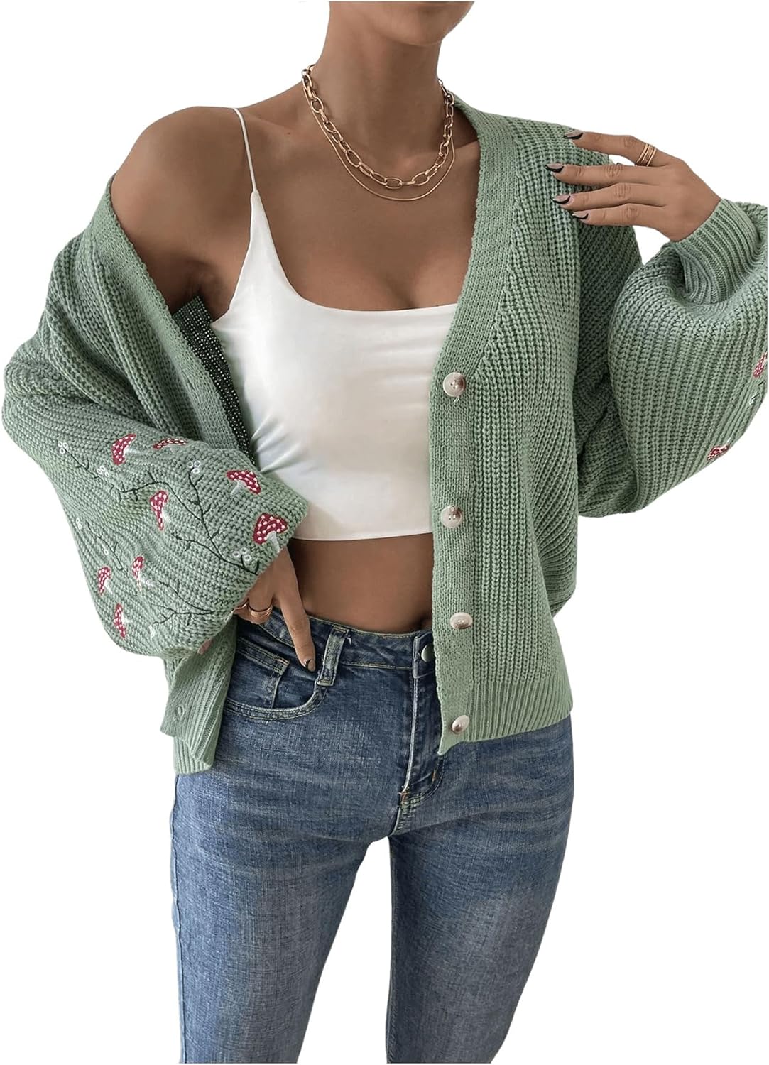 SHENHE Women's Embroidery Cardigan Drop Shoulder Button Front Duster Knit Sweater - Image 5