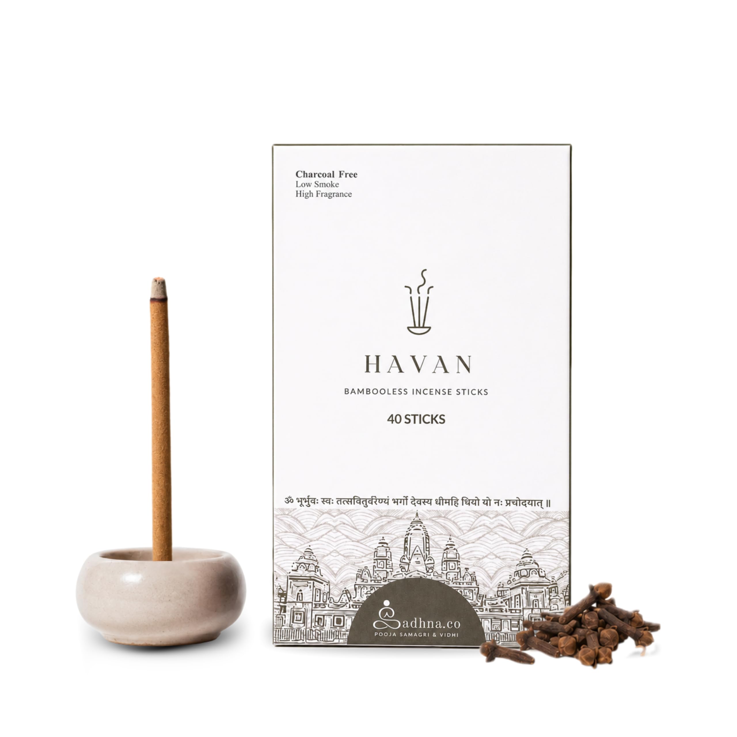 Sadhna.co Bambooless Incense Sticks – Natural, Chemical-Free Agarbatti for Pooja, Meditation & Relaxation with Long-Lasting Fragrance + Free Ceramic Holder (40 Sticks)
