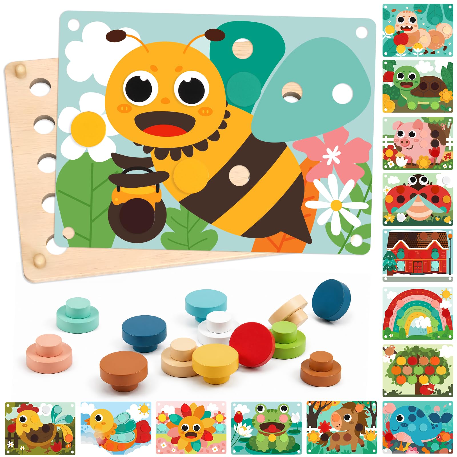 Fortand Button Art Toy, Wooden Color Matching Pegboard, Gift for Boys Girls