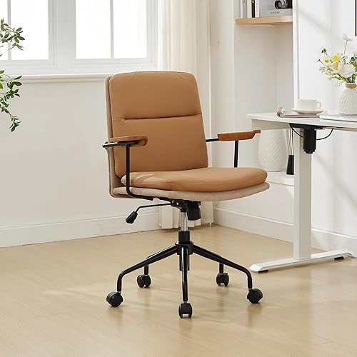 Okeysen Silla de oficina moderna de mediados de siglo, silla de escritorio de cuero moderna con reposabrazos de madera y soporte lumbar, sillas de