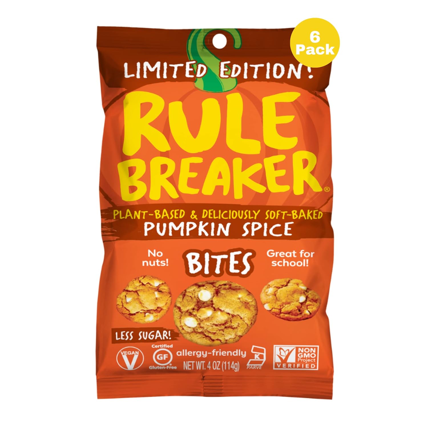 Rule Breaker Vegan & Gluten-Free Cookies | Pumpkin Spice Bites | Plant-Based, Dairy, Nut, Soy, Allergen Free, Kosher | Soft-Baked School Snacks for Kids and Adults | Better-For-You Bites (Pack of 6)