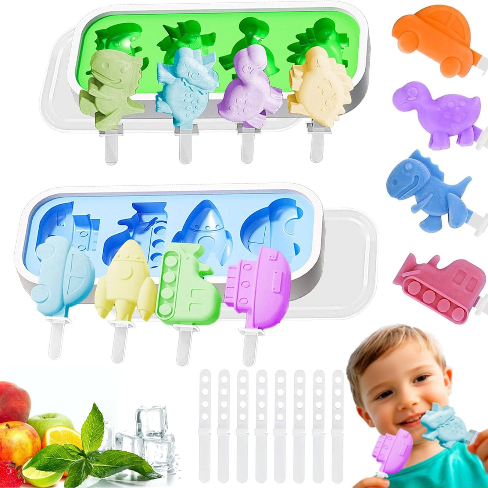 Moldes de silicona para helados, 2 moldes para helados con 12 palos, juego de paletas para niños y adultos, sin BPA, dinosaurios de silicona y moldes para coche, adecuados para bricolaje