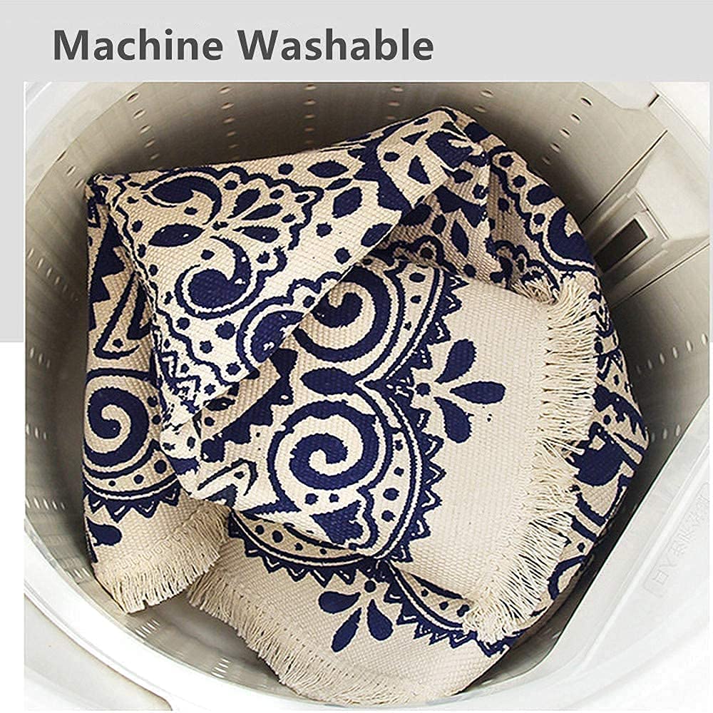 Poowe Tapis rond en coton tissé avec pompons - Lavable - Pour salon, chambre à coucher, cuisine, salle de bain (fleur-1)