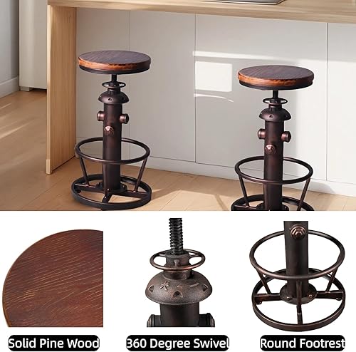 Miniatura 9 de Taburetes de bar industriales, sillas de bar giratorias vintage de 24.8 a 30.7 pulgadas de altura ajustable para encimera de cocina, taburete de