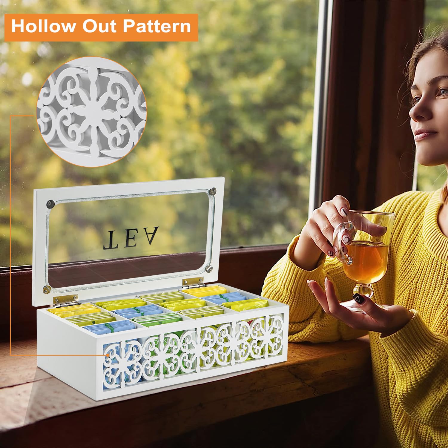 Teebox-Organizer, 12 Fächer, transparenter Deckel, ausgeschnittenes Blumenmuster | Teeaufbewahrung aus Holz, dekorativer Teehalter, vielseitige Tee-Aufbewahrungsbox für Zuhause, Büro, Küche, Speisekammer