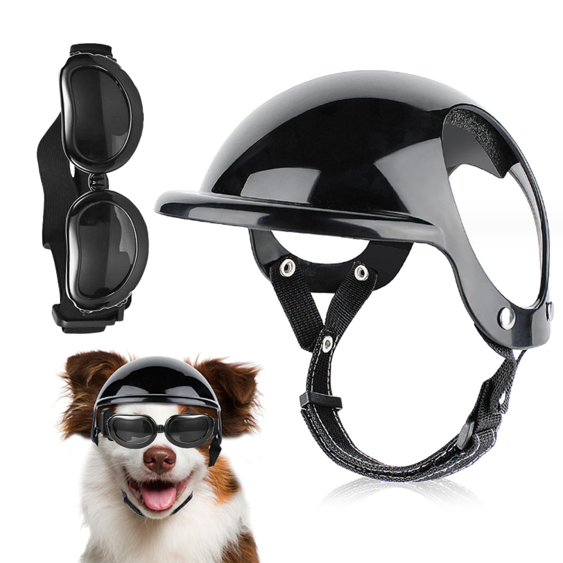 Casque pour Chien, Casque et Lunettes pour Chien 2 pièces/Ensemble dôme de mentonnière réglable avec Trou d'oreille Coupe-Vent Lunettes décoratives élégantes Fournitures pour Animaux de Compagnie