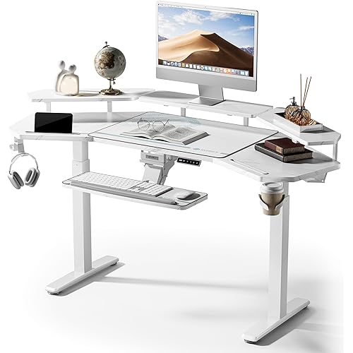 EUREKA ERGONOMIC Gaming Desk, w Keyboard Tray, 73" Wing Shaped Music Studio Table with LED Shelves, Gaming Recording Live Stream, Slot Design