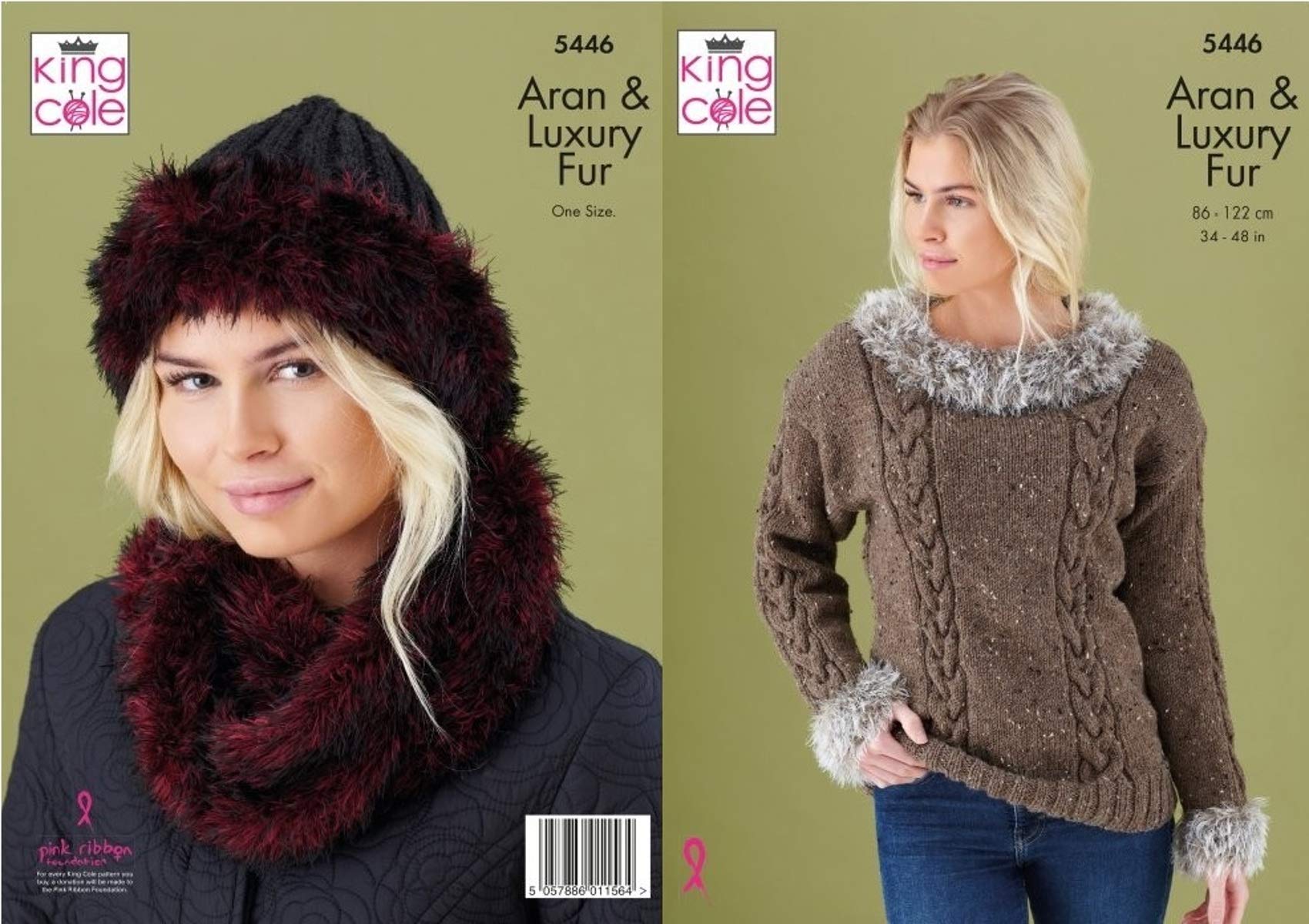 King Cole Aran & Luxury Fur Knitting Pattern Ladies Cable Sweater Cowl & Hat (5446)