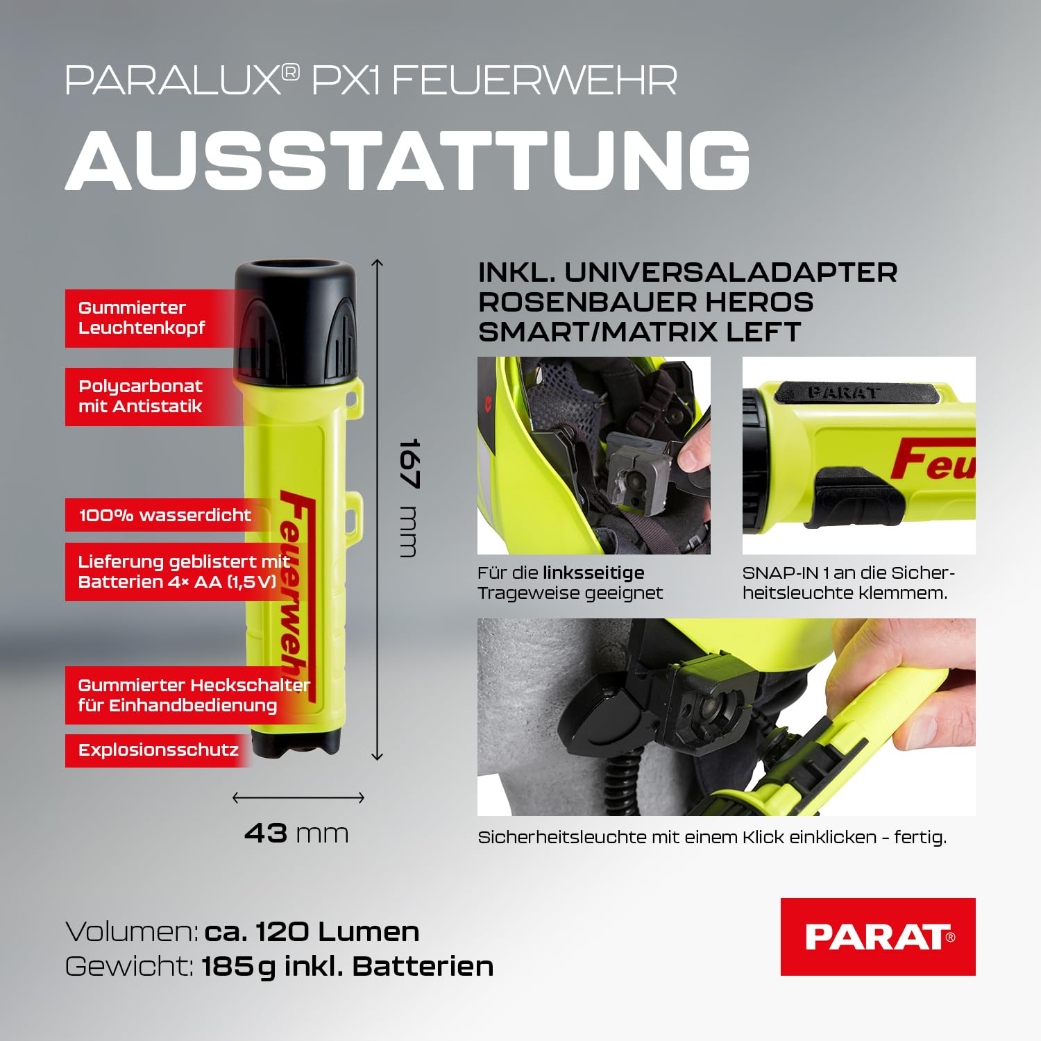 Parat PARALUX® PX1 FEUERWEHR Set für R.Heros Smart/Matrix Links | LED Arbeitsleuchte mit 120 Lumen | EX-geschützte LED Taschenlampe | Wasserdichte Helmlampe | inkl. Batterien, Adapter & Halterung