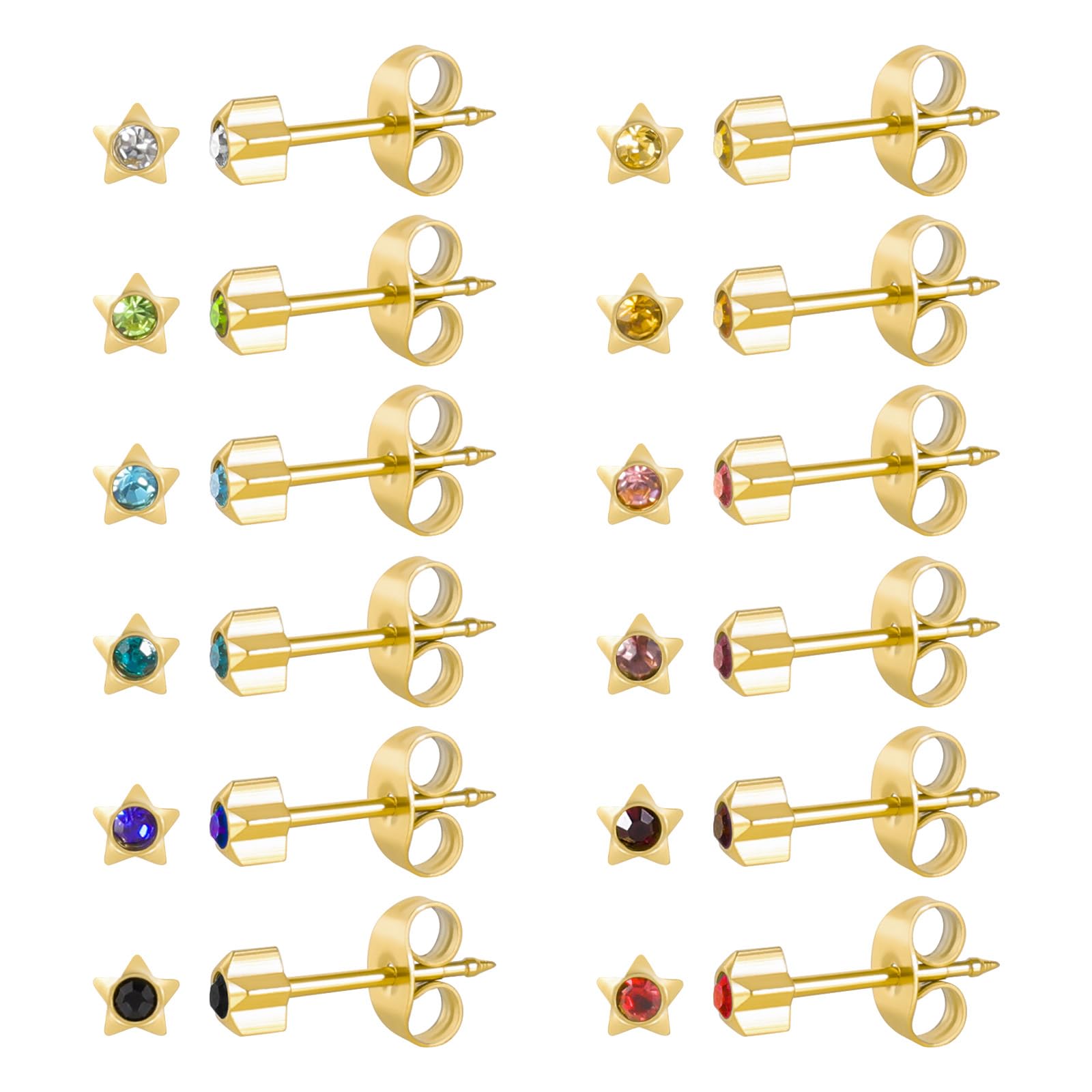 12 Paar Ohr Piercing Ohrstecker Set, vergoldet chirurgischen Edelstahl Multicolor Birthstone Cubic Zirkonia Ohrstecker für Ohr Piercing Guns