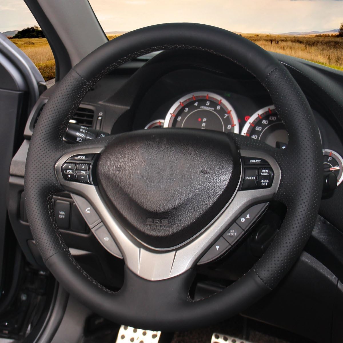 Loncky Black Genuine Leather Carbon Fiber Steering Wheel Cover for Acura TSX 2009 2010 2011 2012 2013 2014 Accessories Car Custom Fit Hand Stitched OEM Parts