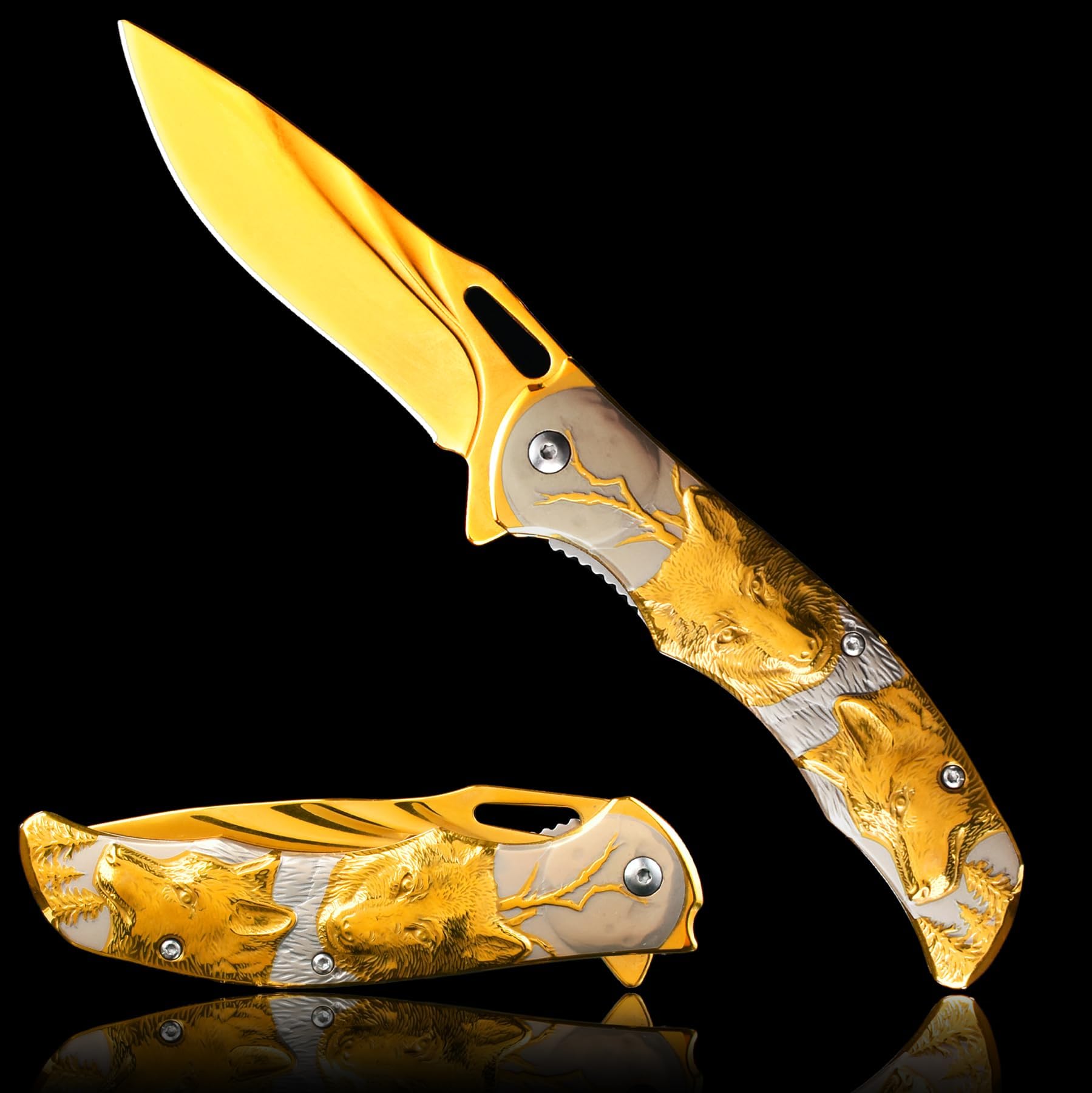 Pocket Knife for Men, Folding Knife With Clip & 3D TITANIUM PLATED WOLF Relief, Embossed Edc Knife For Men Outdoor Survival Camping Hiking hunting (Gold)