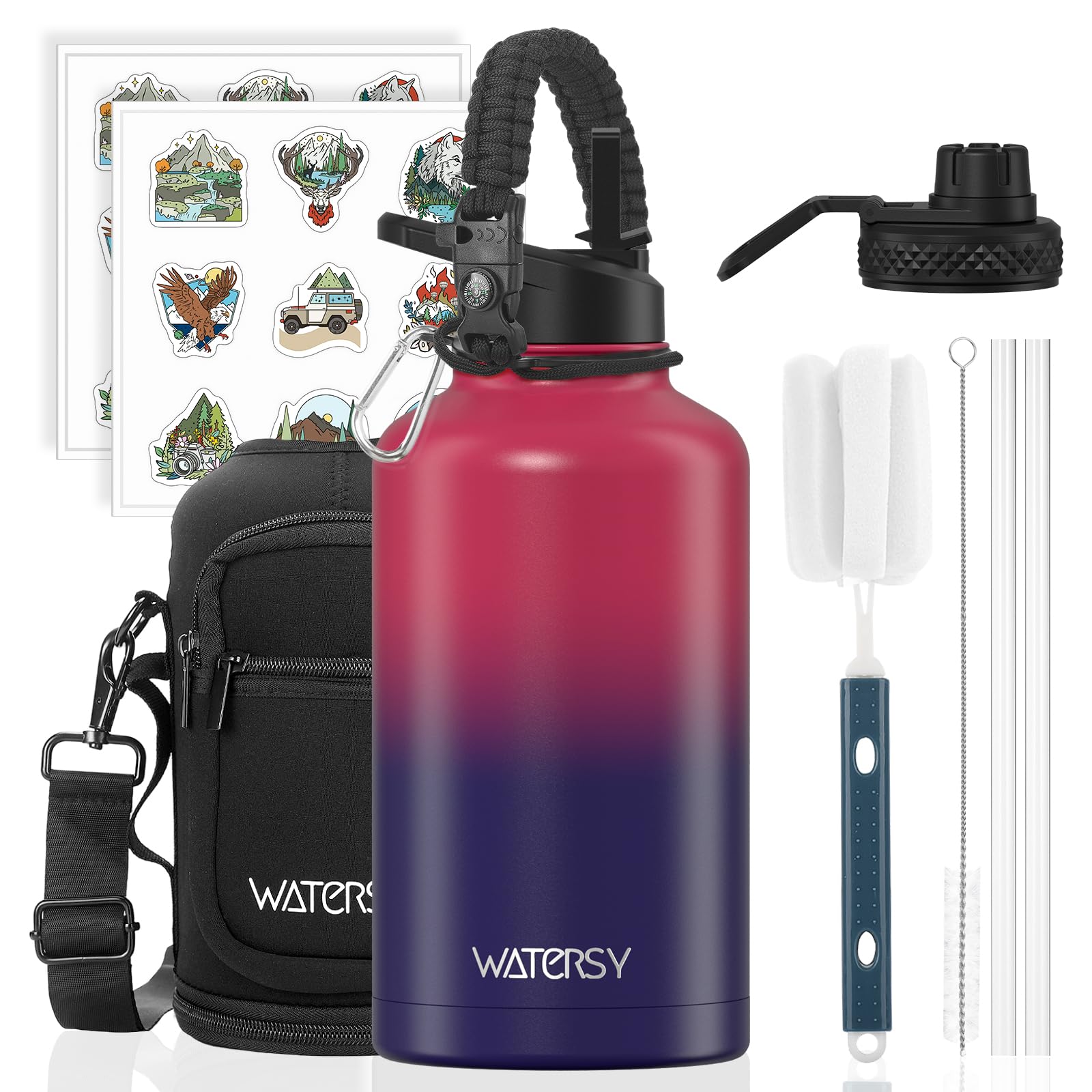 WATERSY Borraccia Termica 2L Acciaio Inox, Grande Bottiglia Termica Impermeabile con 2 Coperchi e Cannucce - Senza BPA per Palestra, Escursionismo, Campeggio e Sport (Rosso/Blu)