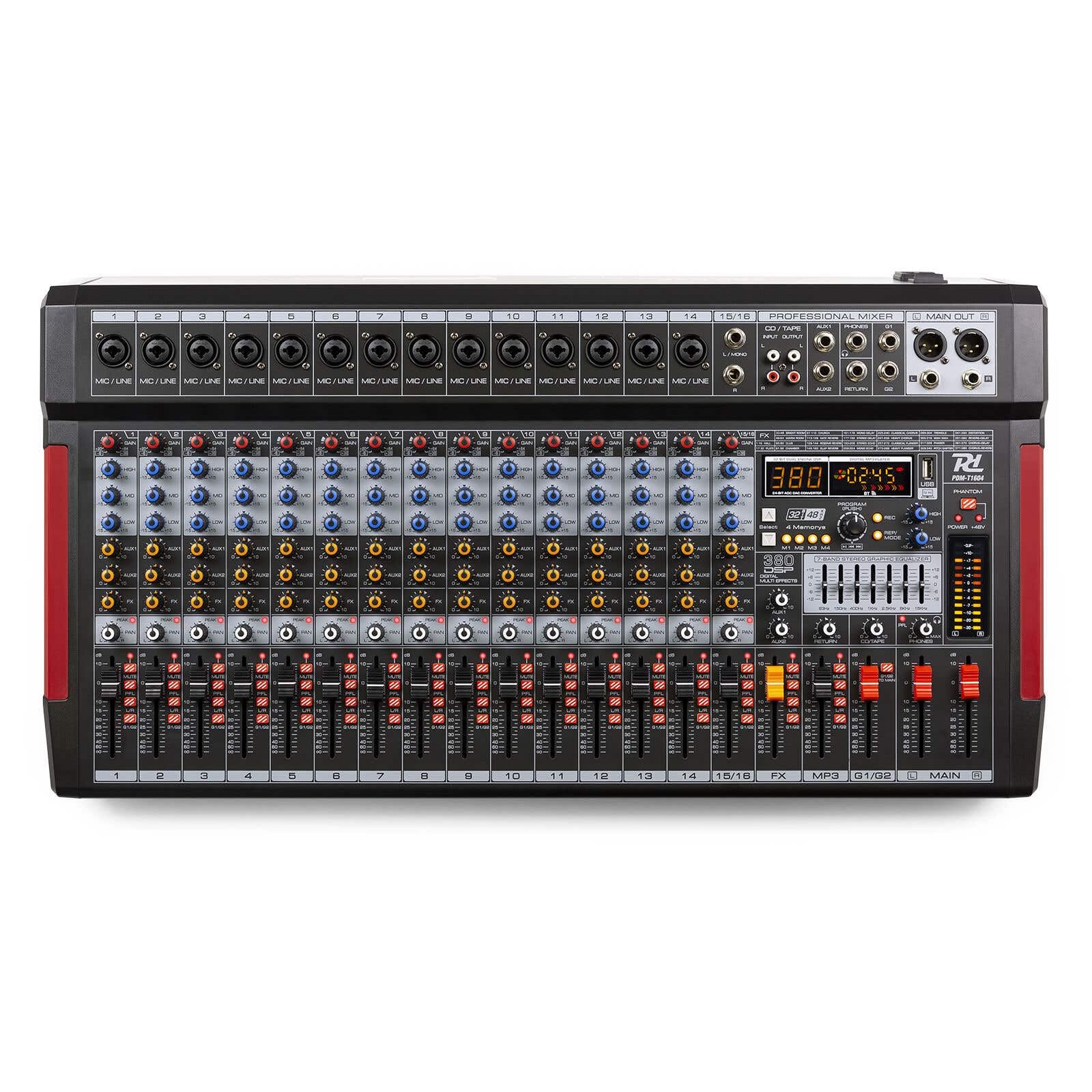 Power Dynamics PDM-T1604 Console de Mixage 16 Canaux - avec Streaming Bluetooth, Egaliseur Graphique 7 Bandes, MP3, Sortie USB, Sortie Casque Jack 6,35mm, Idéal pour Studio d'Enregistrement